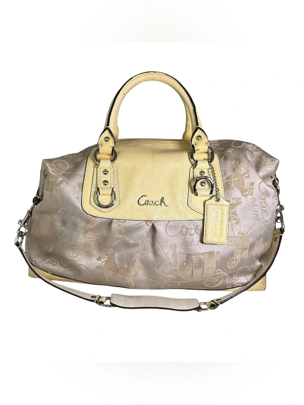 Coach Beige & Yellow Ashley Signature Horse & Carraige Satchel
